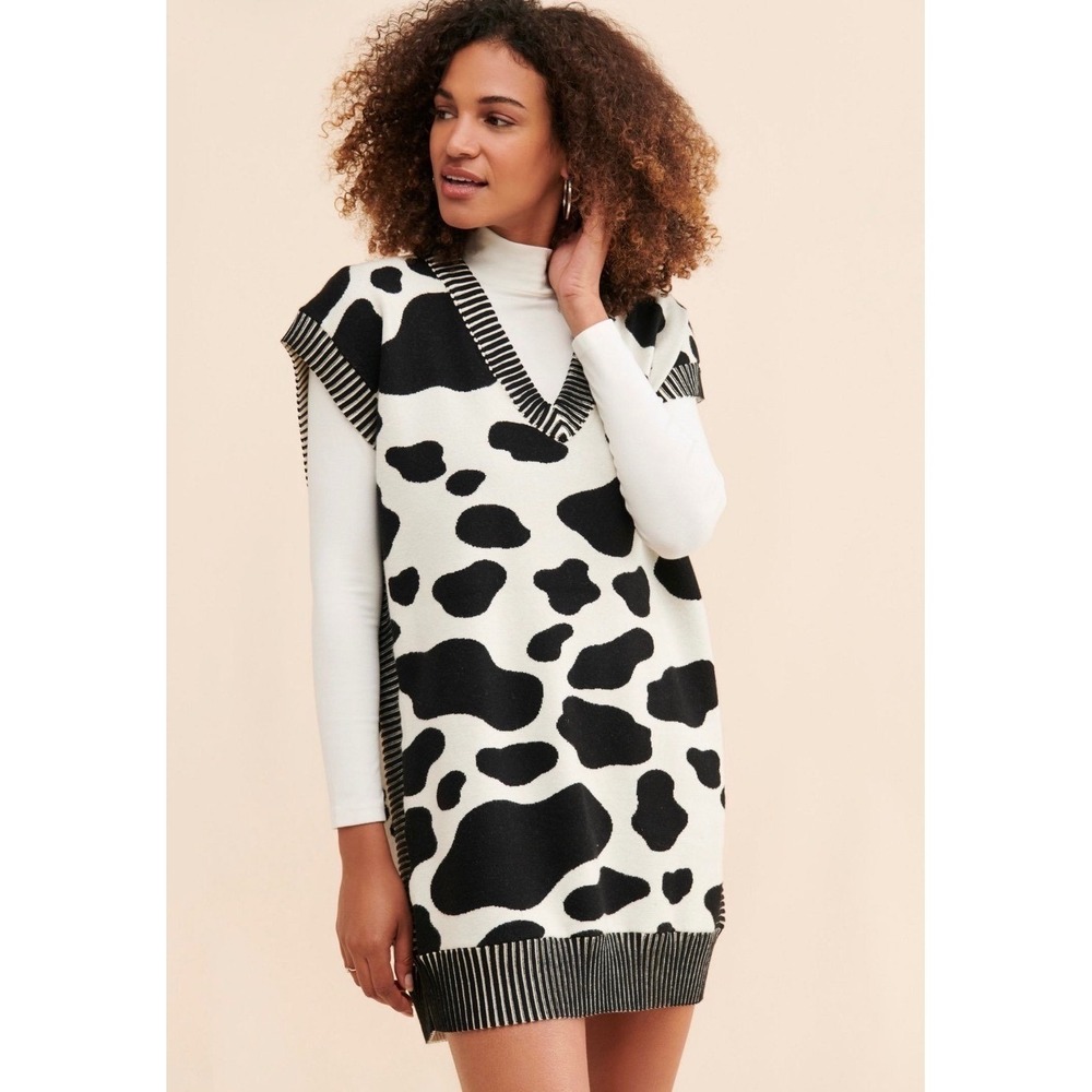 Saint Geraldine Cow Print Sweater Vest Dress Black White V-Neck Medium
